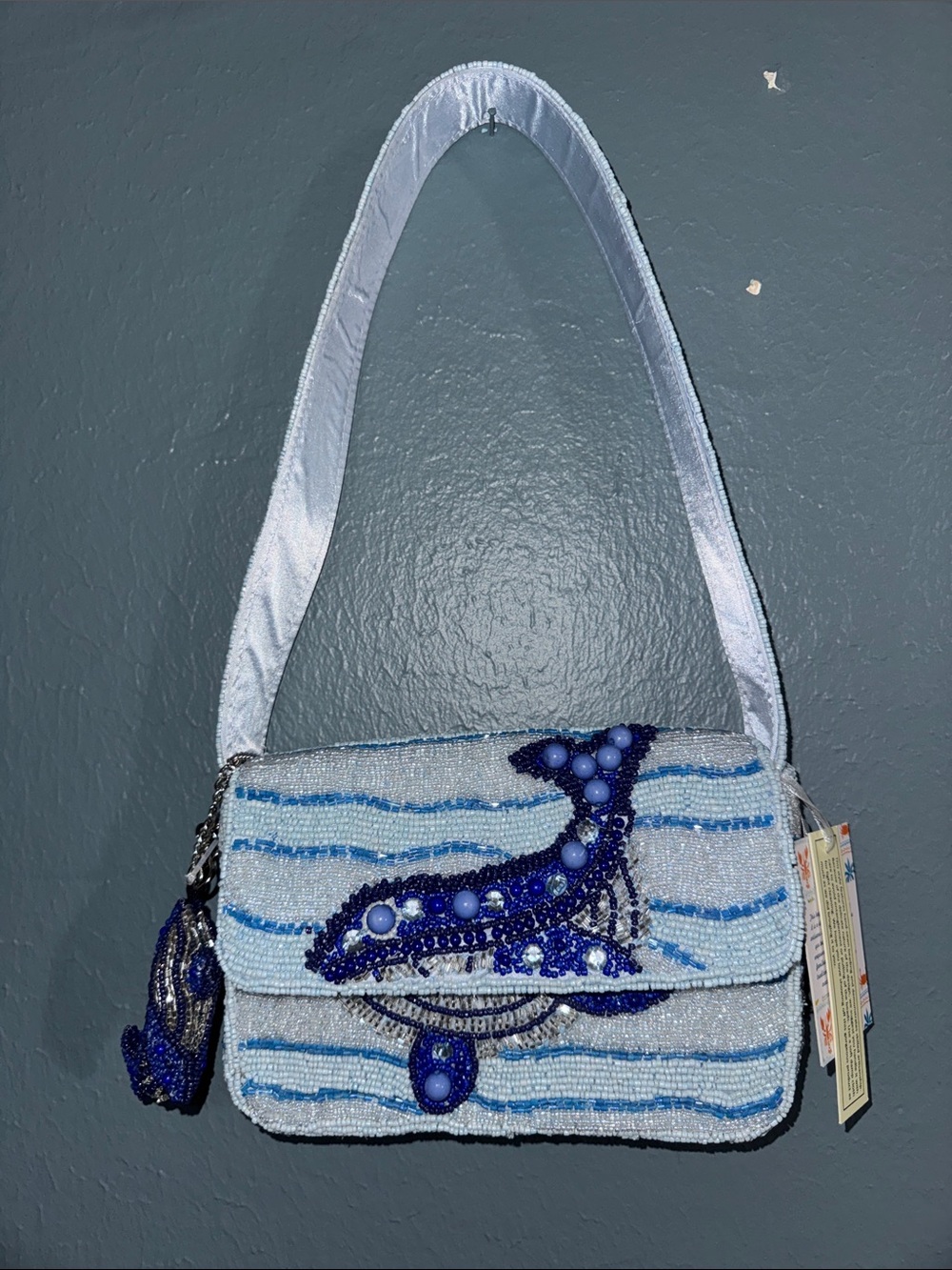Beaded Whale Shoulder Bag in Light Blue